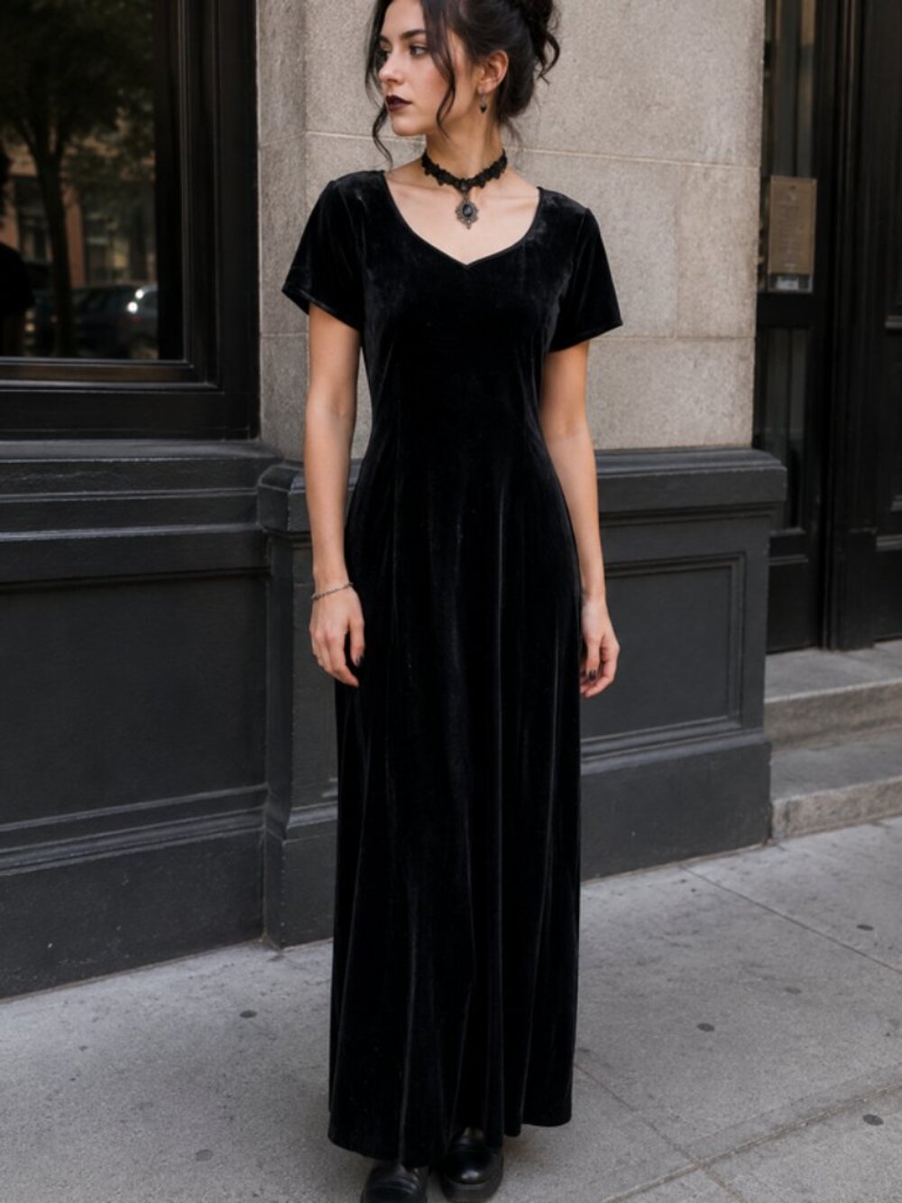 Vintage Y2k Velvet Dress Witchy Black Goth Phoebe Buffay Velour Body Con Maxi